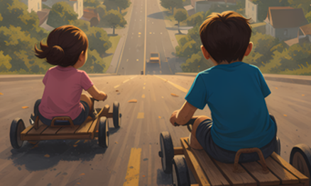 A winter landscape with wooden houses and a futursitic city in the backdround